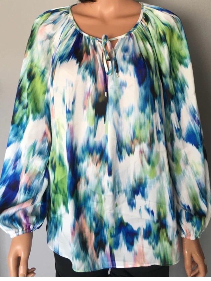 Jennifer Lopez Women’s M Abstract Watercolor Chiffon Tie Keyhole Peasant Blouse — image 8 of 8